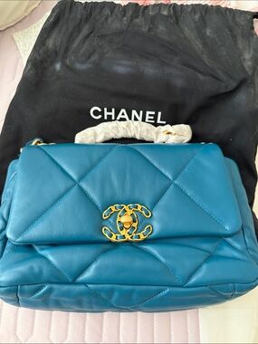 Ch… style Teal Quilted Leather Shoulder Bag with Gold Hardware